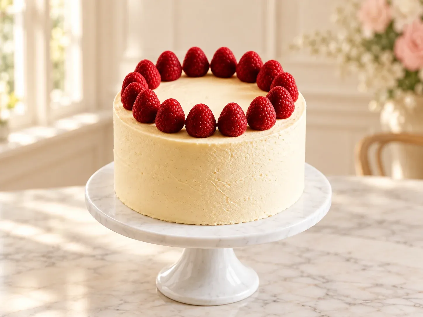 Raspberry Ice Cream Cake from the A&A menu: vanilla buttercream crowned with fresh raspberries